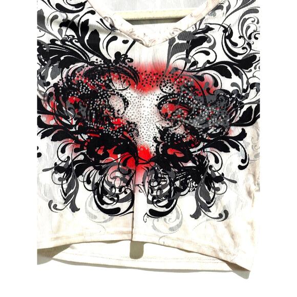 Y2K Cropped Tight Shirt Hardy Heart Biker Rocker sz S floral Grunge Long Sleeve - Picture 2 of 7